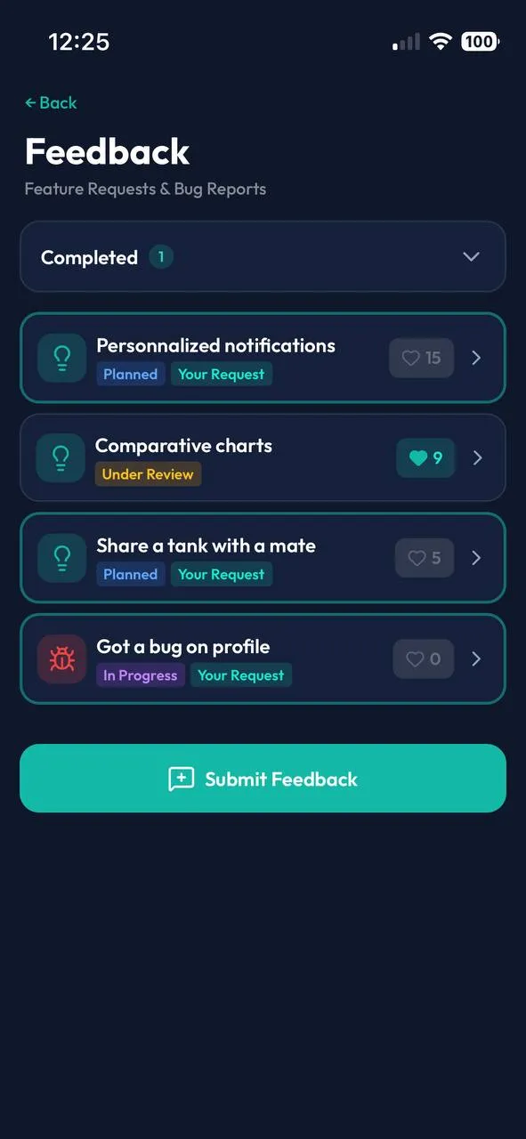 Feature requests and bug reports screen
