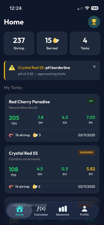 ShrimpKeepers Dashboard showing tank status and water parameters