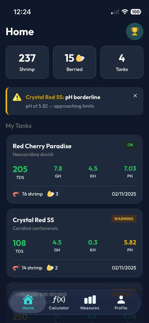 ShrimpKeepers Smart Dashboard showing tank overview